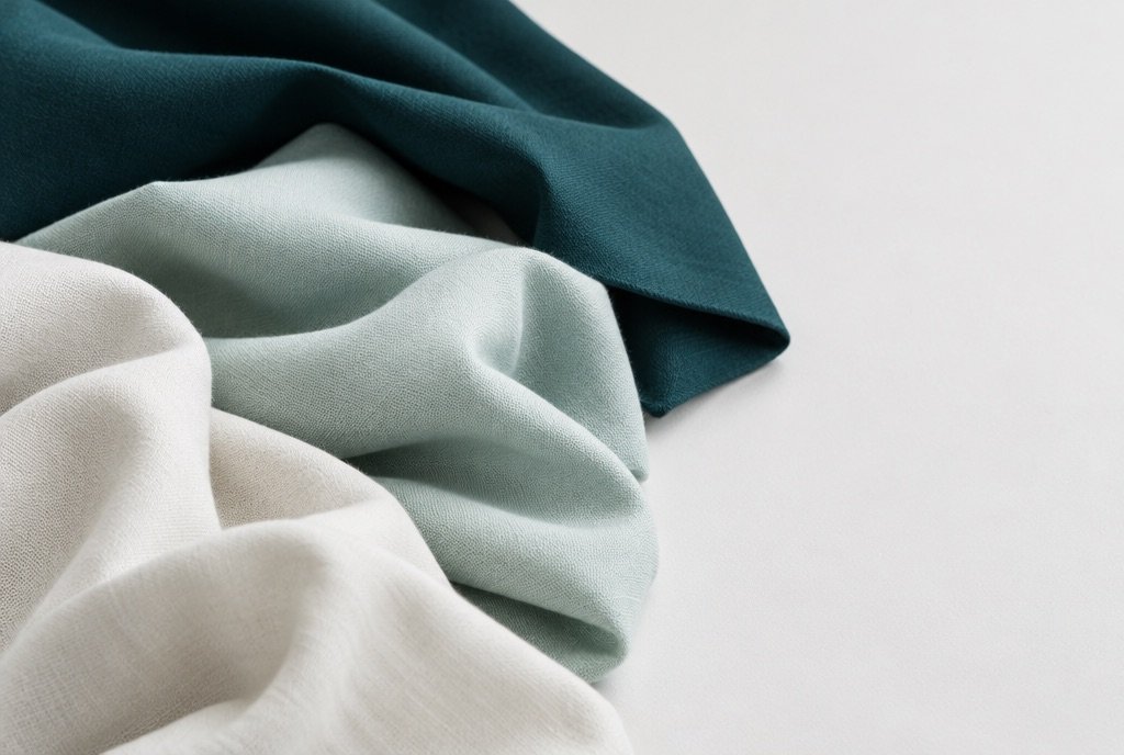 Folded fabric in deep teal, mint and white on a pale surface, lit by soft studio light