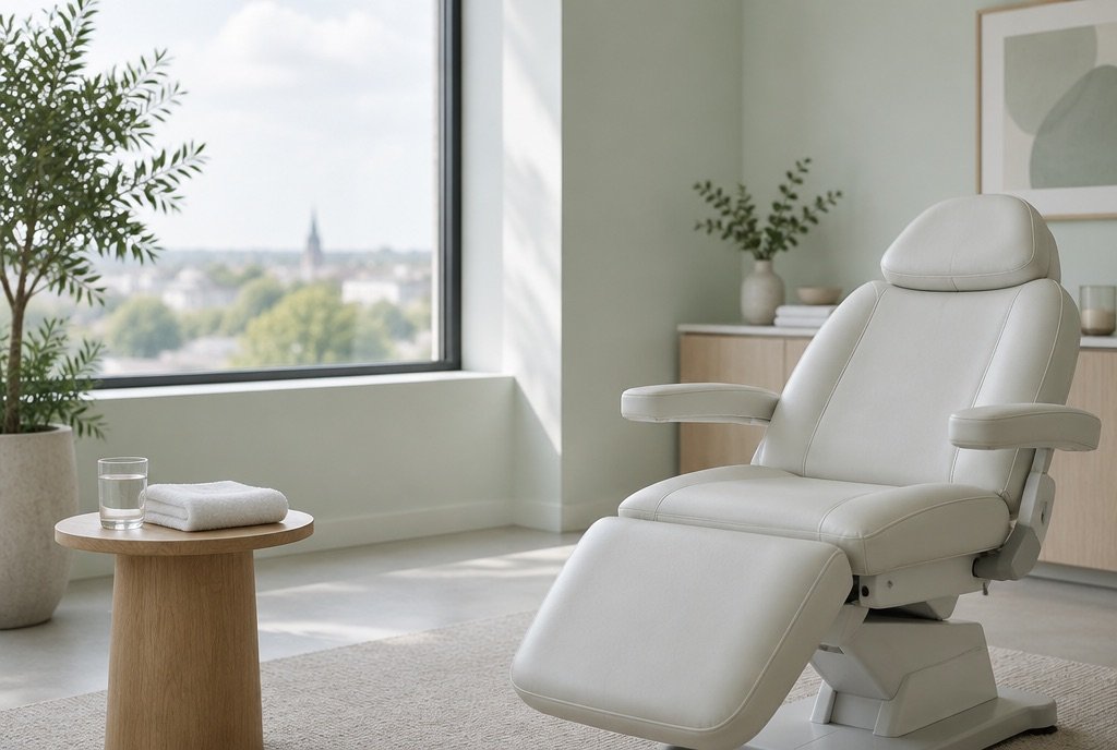 An empty aesthetic clinic consultation room in soft daylight: a white treatment chair, a wooden side table with a glass of water and a folded towel, pale mint walls