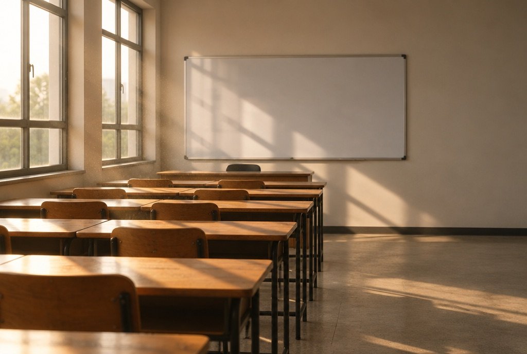 An empty coaching classroom in warm afternoon light: rows of wooden desks, a blank whiteboard, tall windows